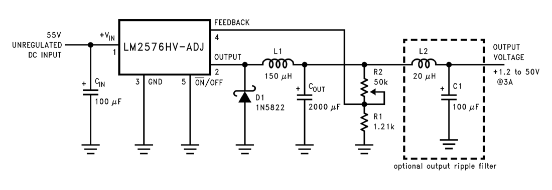 schema DC měniče s LM2576HVT-ADJ